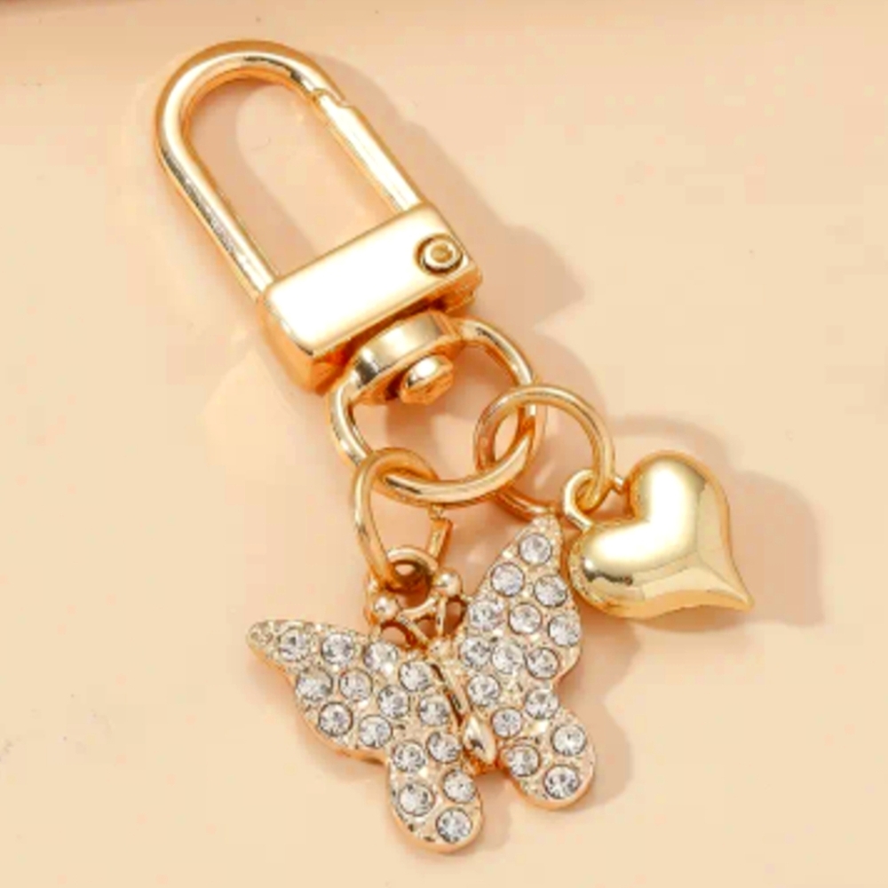 Butterfly Rhinestone & Gold Heart Bag Charm, Keychain, or Zipper Pull - Picture 2 of 5